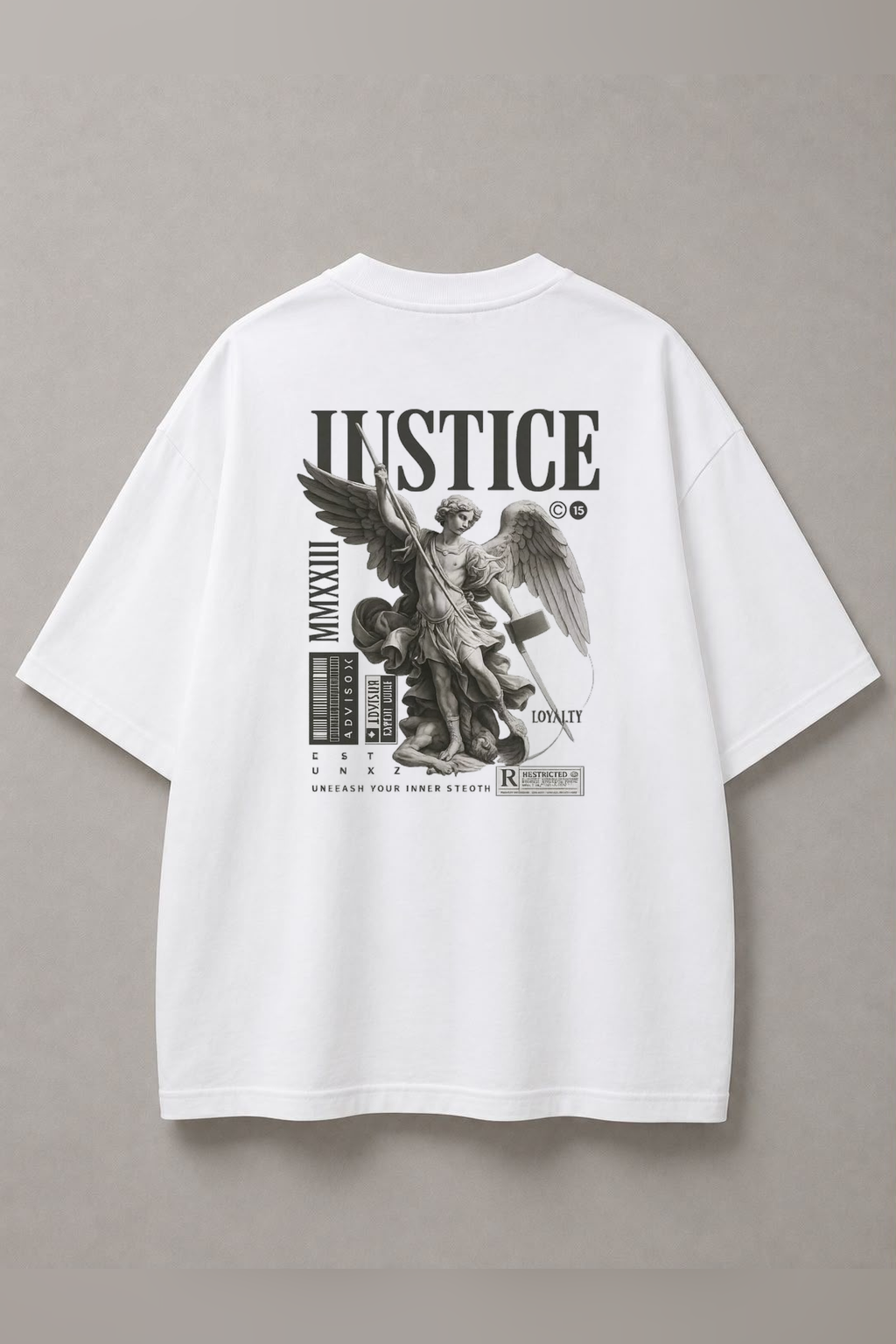 DSTRKT Justice Angel unisex oversize beyaz tişört