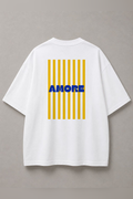 DSTRKT Amore Yellow Stripes unisex oversize beyaz tişört