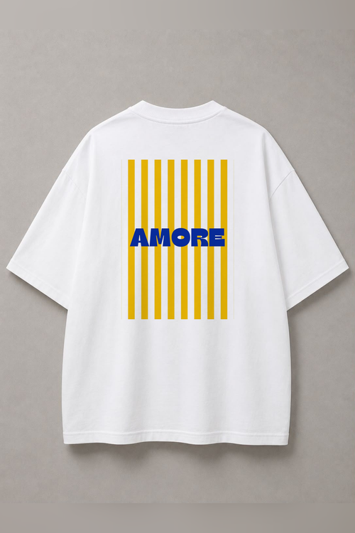 DSTRKT Amore Yellow Stripes unisex oversize beyaz tişört