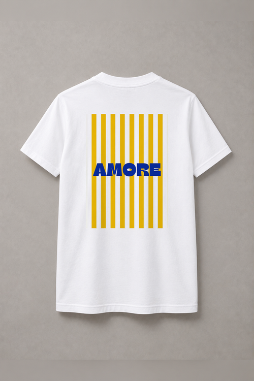 DSTRKT Amore Yellow Stripes unisex basic beyaz tişört