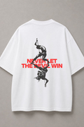 DSTRKT Never Let the Devil Win unisex oversize beyaz tişört