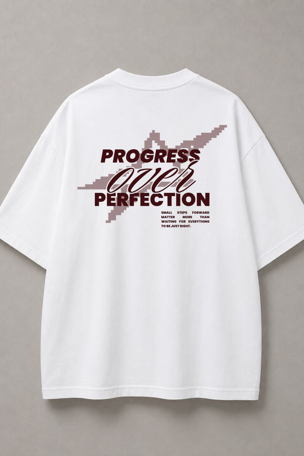 DSTRKT Progress Over Perfection unisex oversize beyaz tişört