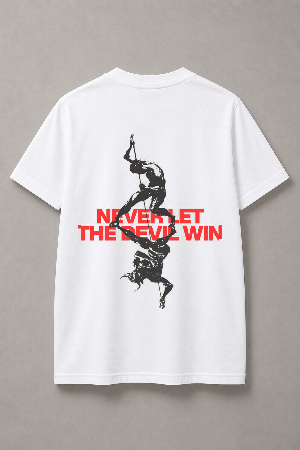 DSTRKT Never Let the Devil Win unisex basic beyaz tişört